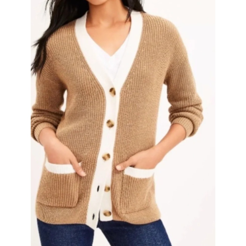 LOFT Button Front Cardigan Small Tan Ribbed Knit V Neck Preppy Varsity Sweater